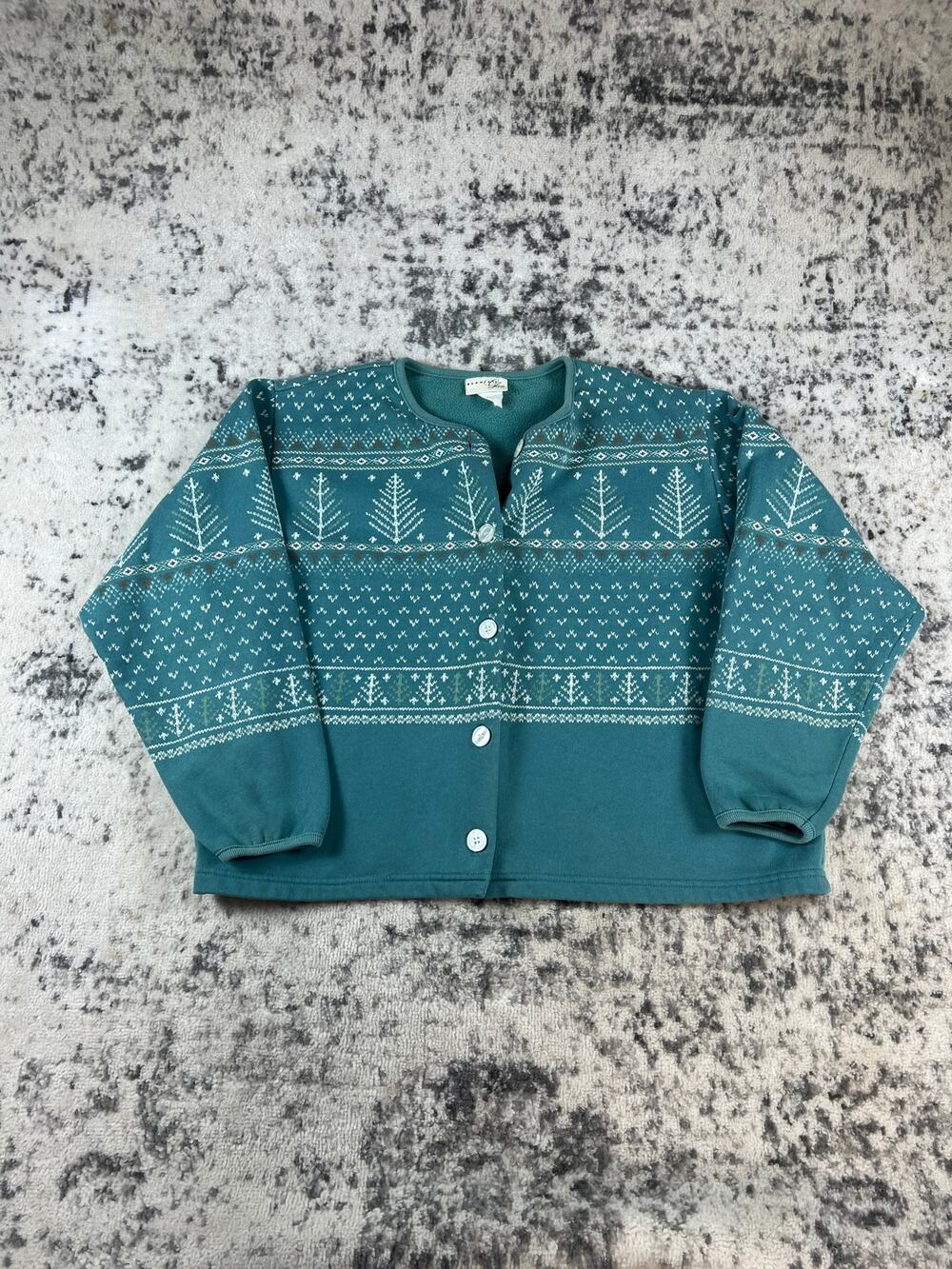 Vintage Teal Blue Tree Button Up Crewneck Sweater Adult Med Christmas